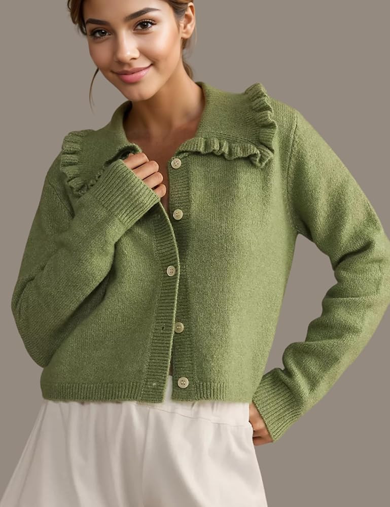 InterNos Womens Y2k Ruffled Collar Cardigan Sweaters Classic Button Down Long Sleeves Fall Sweate... | Amazon (US)
