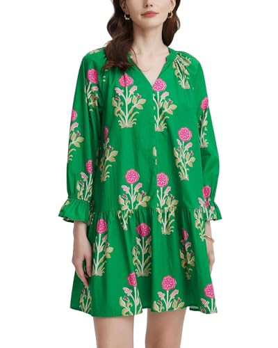 Women's Casual V Neck Boho Floral Mini Dress Puff Long Sleeve Ruffle Flowy Tunic Short Dress Green | Amazon (US)