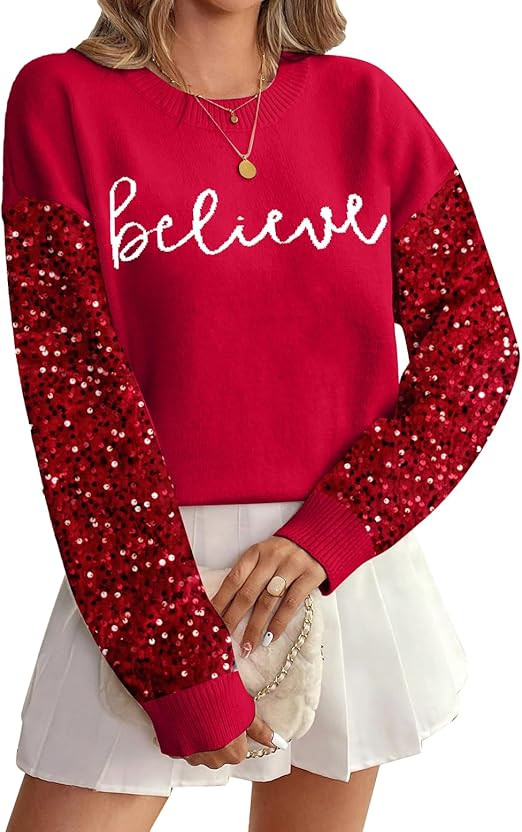 Christmas Sequin Sweater Womens Believe Christmas Sweatshirt Crewneck Long Sleeve Xmas Holiday Kn... | Amazon (US)
