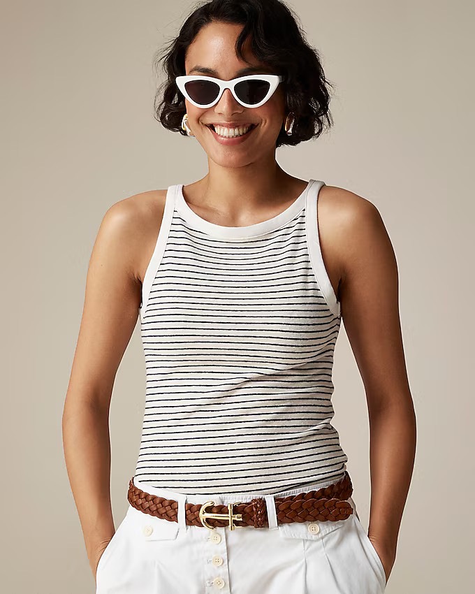High-neck tank top in striped stretch linen blend | J. Crew US