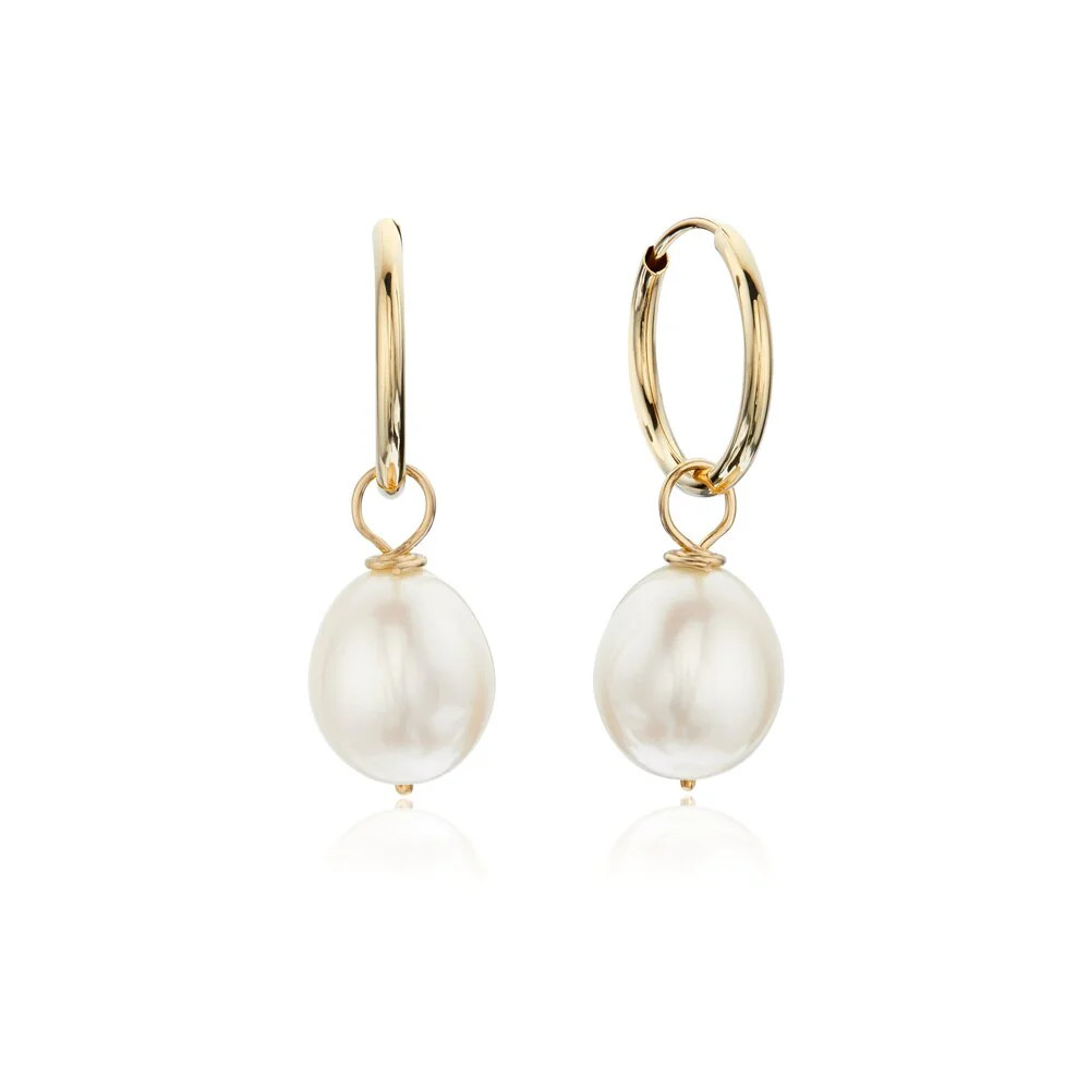 Solid Gold Large Pearl Drop Hoop Earrings | Lily & Roo