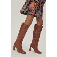Womens Faux Leather Croc Knee High Heeled Boots - Brown - 4, Brown | NastyGal (UK, IE)