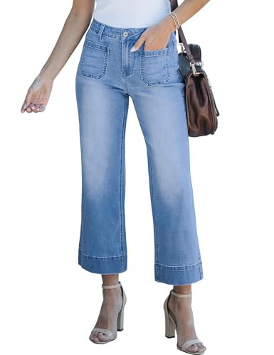 luvamia Wide Leg Jeans for Women Trendy High Waisted Flare Jeans Cropped Denim Pants Stretchy Baggy with Patch Pockets Ladies Jeans for Women Trendy Stretch Medium Blue Size X-Large Size 16 Size 18 | Amazon (US)