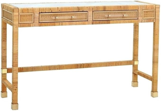 Pemberly Row Contemporary Rattan Glass Top Desk in Natural Finish | Amazon (US)
