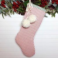 Cottagecore Red Ticking Christmas Stocking With Pom Poms | Cozy Flannel Lining Classic Farmhouse, Ru | Etsy (US)