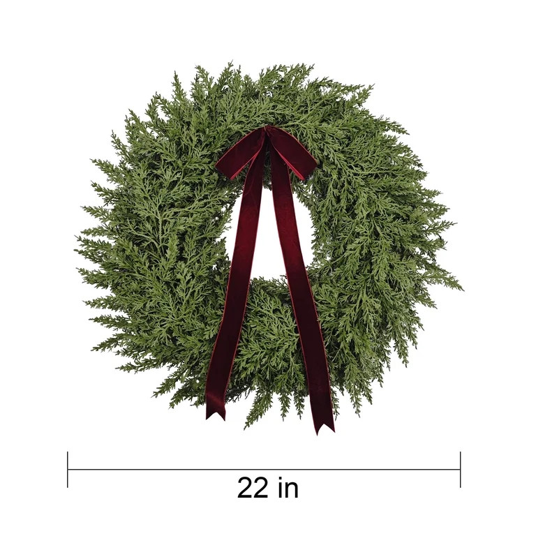 My Texas House Natural Feel Cedar Artificial Christmas Wreath with Bow, Green, 22" | Walmart (US)