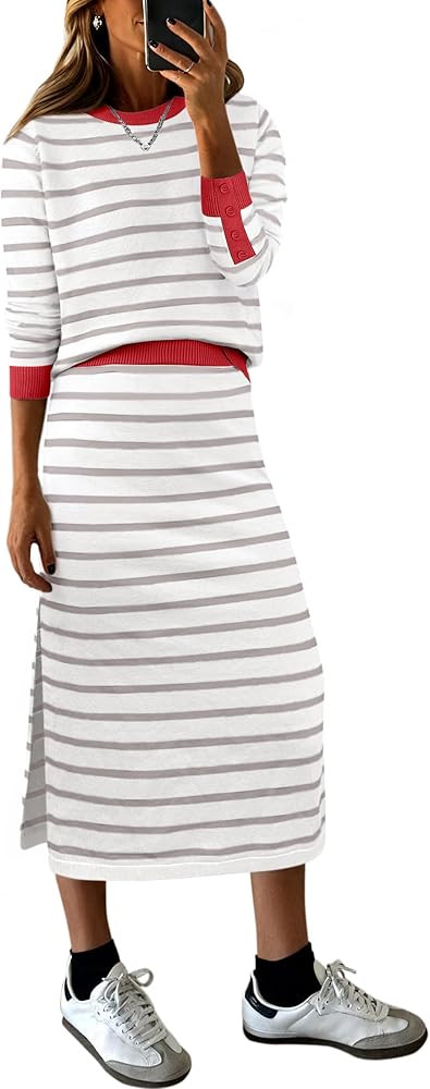 ANRABESS 2 Piece Skirts Sets For Women Fall Fashion 2025 Striped Sweater Midi Dress Knit Lounge T... | Amazon (US)