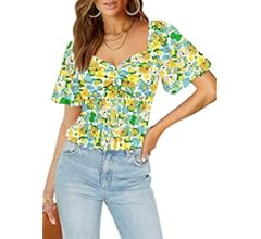 DOROSE Women's Puff Sleeve Floral Tops Sweetheart Neckline Twist Front Smocked Crop Top Blouse | Amazon (US)