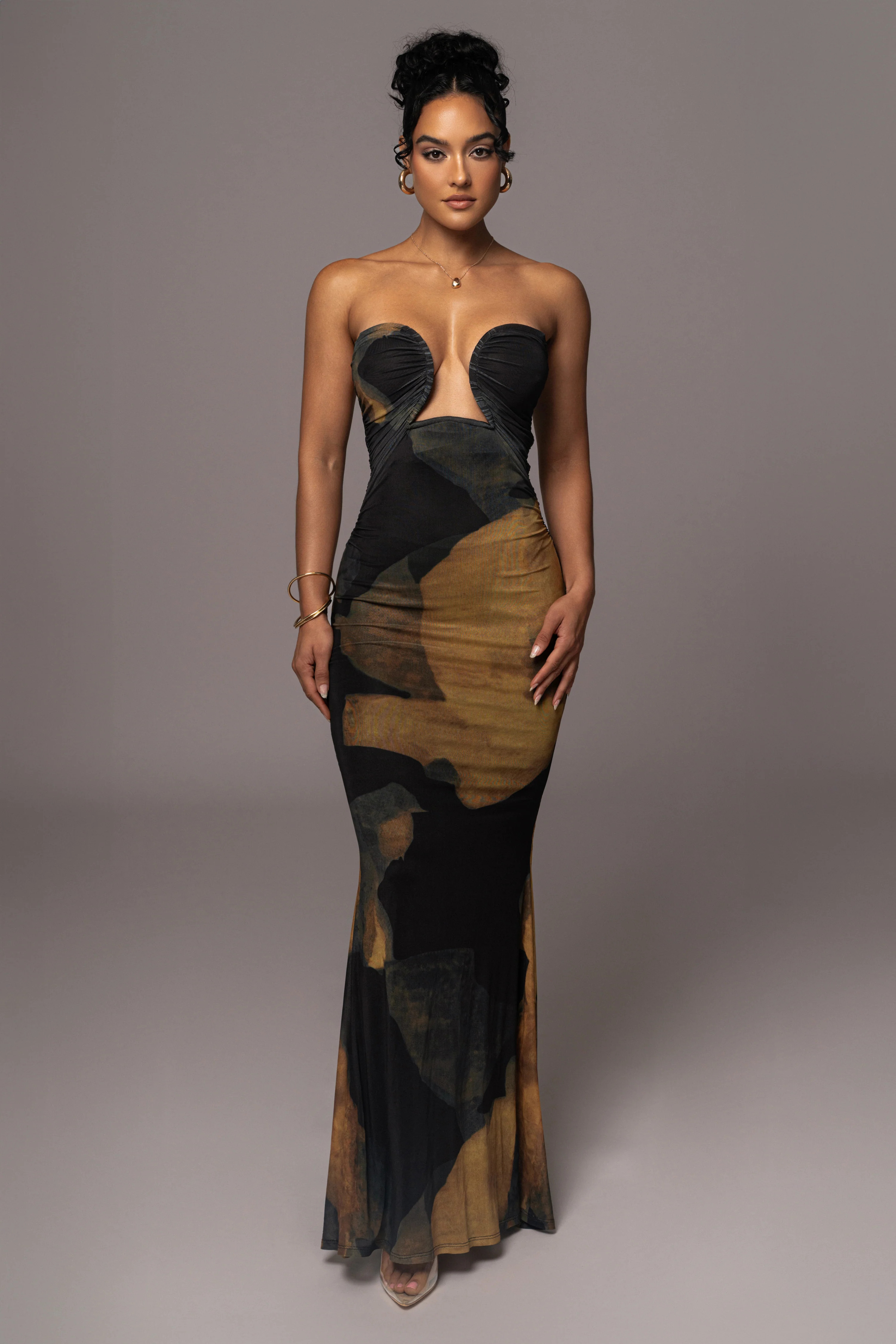 Black Abstract Bethany Strapless Maxi Dress | JLUXLABEL