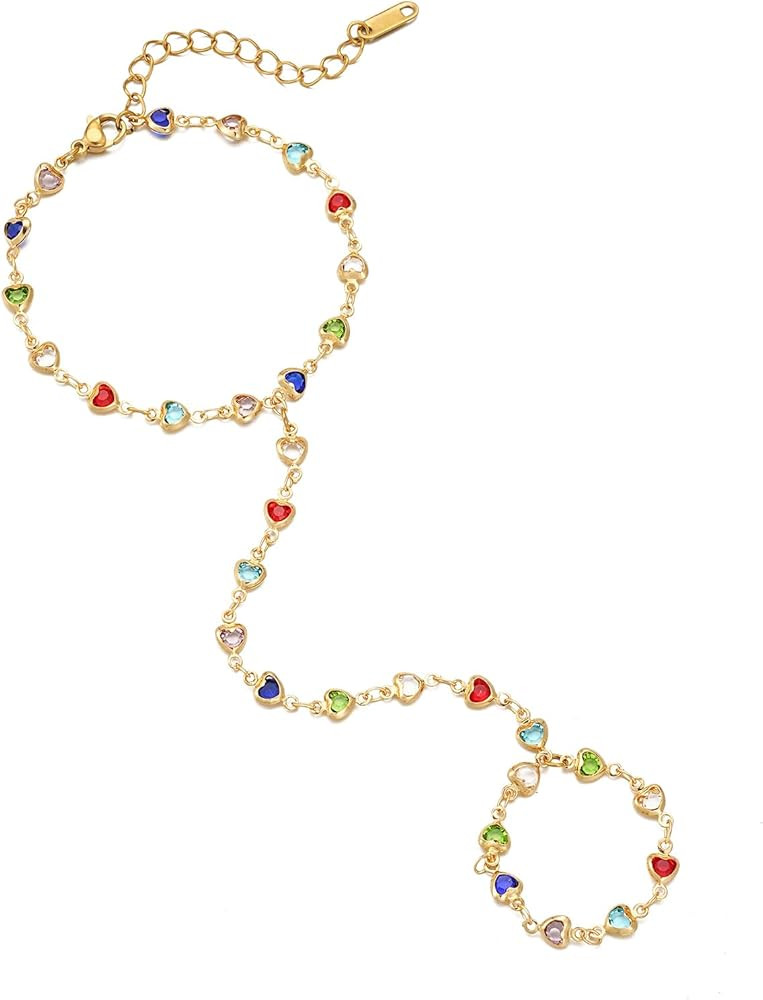 Hand Chain Bracelet for Women 14K Gold Plated Ring Bracelet Hand Chain Trendy Stuff Colorful Hand... | Amazon (US)