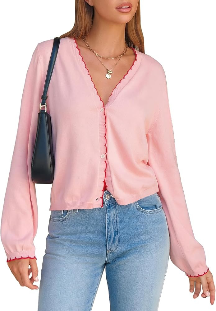 EXLURA Women's V Neck Cardigan Sweaters Long Sleeve Button Down Contrast Wavy Trim Lightweight So... | Amazon (US)