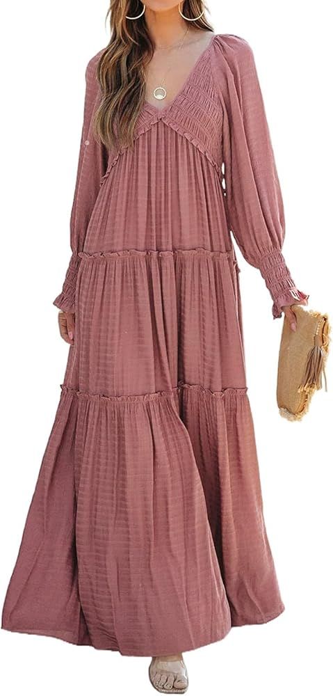 Women's 2023 Fall V Neck Lanter Sleeve Smocked High Waist Flowy A Line Tiered Long Maxi Dress | Amazon (US)