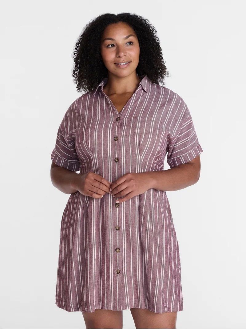Time and Tru Women's Linen Blend Pleated Mini Shirtdress with Short Sleeves, Sizes XS-XXXL | Walmart (US)