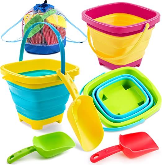 Sloosh 3 PCS Foldable Buckets with 3 Shovels Sand Bucket Water Bucket Sandbox Square Summer Party... | Amazon (US)