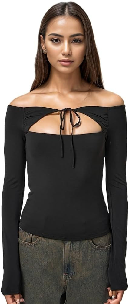 Off Shoulder Long Sleeve Shirts for Women Cutout Tie Front Slim Fit Hollow Out Shirts Sexy Solid ... | Amazon (US)