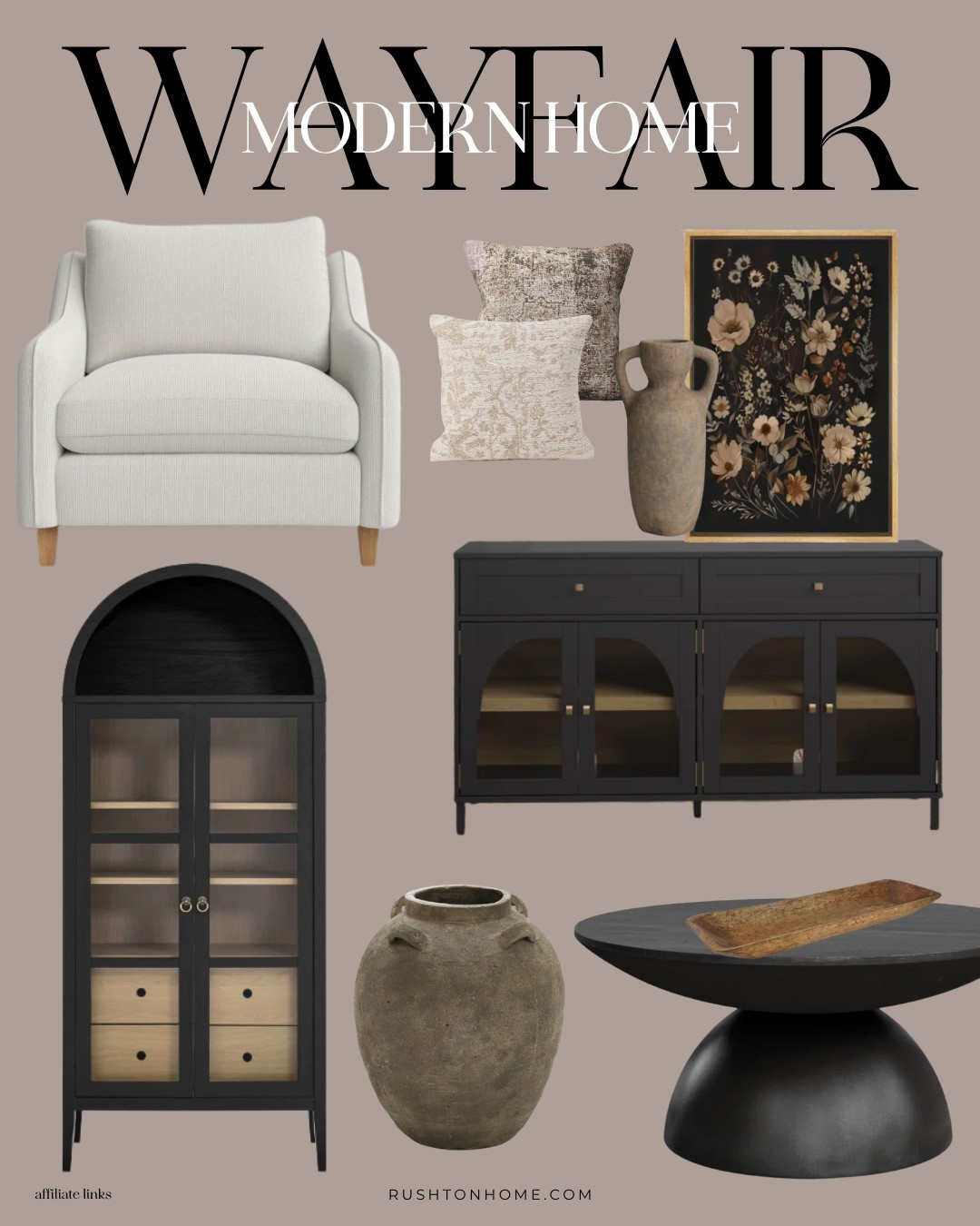 These dark wood pieces can really give the space a luxury, bold vibe -- even when you still use lighter paint and beige accent furniture like these chairs.

I've been loving these @wayfair home finds! This inspiration pulls together a vibe that feels antique, european, earthy and yet still modern.

Home decor, home design, interior design, furniture, console table, accent chairs, vases, candlesticks, bench, cabinet, sideboard, dining table, arched cabinet, display cabinet, organic modern table, curved table, floor vase, gothic dark flower print, art print, framed art, throw pillows, accent pillows, comfy chair, comfy seating
 

 

#LTKWatchNow #LTKHome #LTKSaleAlert
