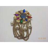 Vintage Faux Pearl & Crystal Brooch | 8301 Five Dangling Strands | Etsy (US)