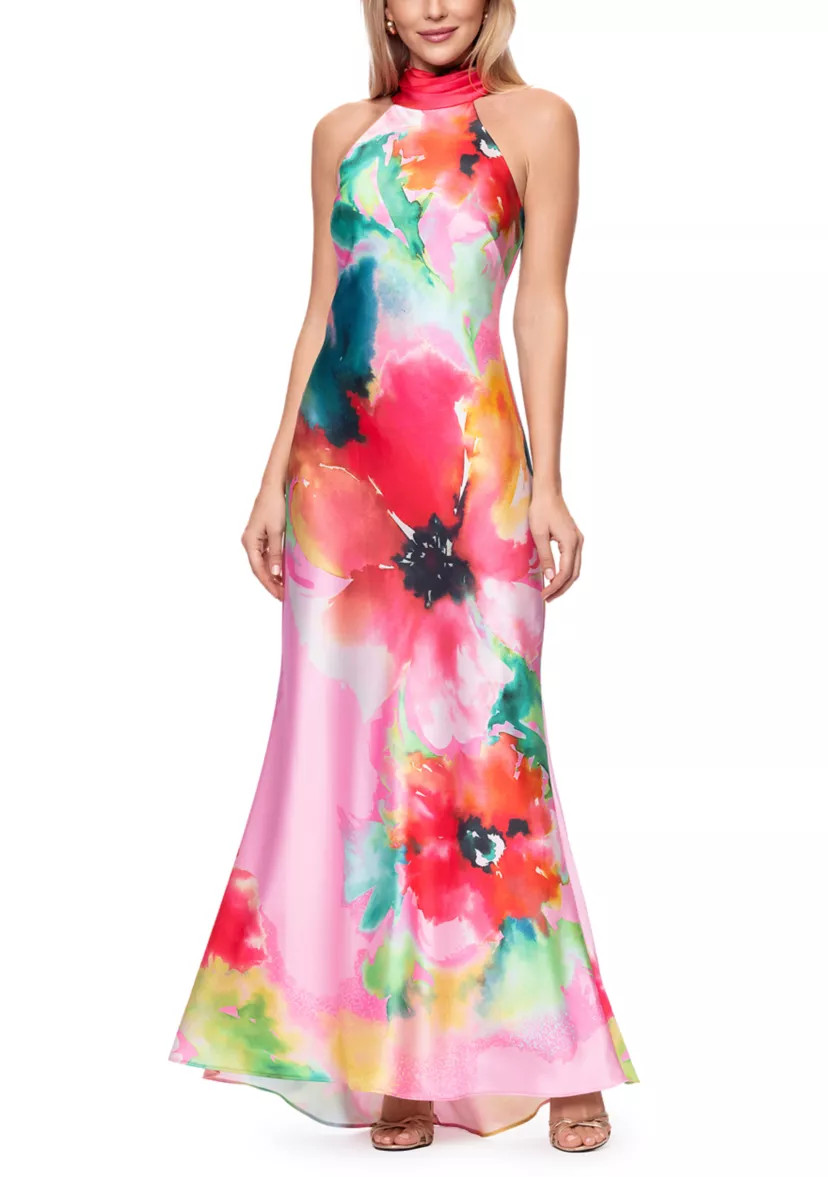 Women's Sleeveless Halter Floral Satin Gown | Belk