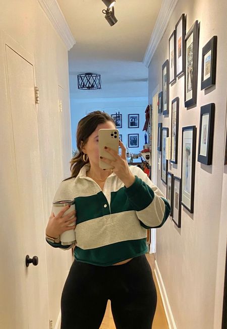 I have been LIVING in these Abercrombie sweaters. They are seriously the most comfortable sweatshirts ever.  This one just sold out but I linked the others I have and love - green striped New York one is my FAVE and under $20! Great preppy closet staple. Paired with my favorite leggings, gold jewelry… and YETI mug 😜 

#LTKunder100 #LTKsalealert #LTKunder50