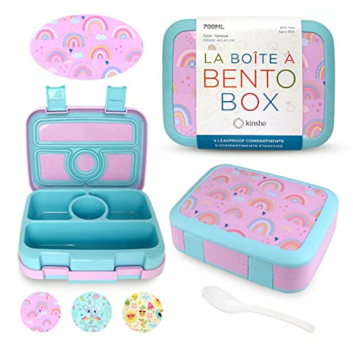 kinsho Kids Bento Lunch Box, Reusable Meal and Snack Container, Lunch Boxes For Small Girls & Toddlers Lunches, 4 Compartment - School, Daycare, Drop-Proof BPA Free, Purple Rainbow | Amazon (US)