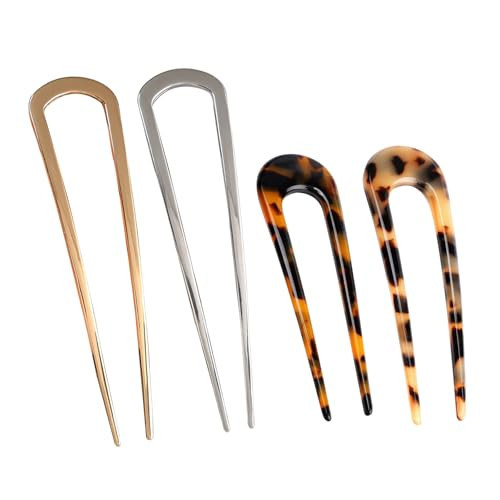 starfa lab 4 PCS French Hair Pin, U Shaped Metal Hair Fork, 2 Prong Updo Chignon Clip Sticks Buns Gold Silver Tortoiseshell Twist Fork For Classic French Variety Hairstyle Women Girls | Amazon (UK)