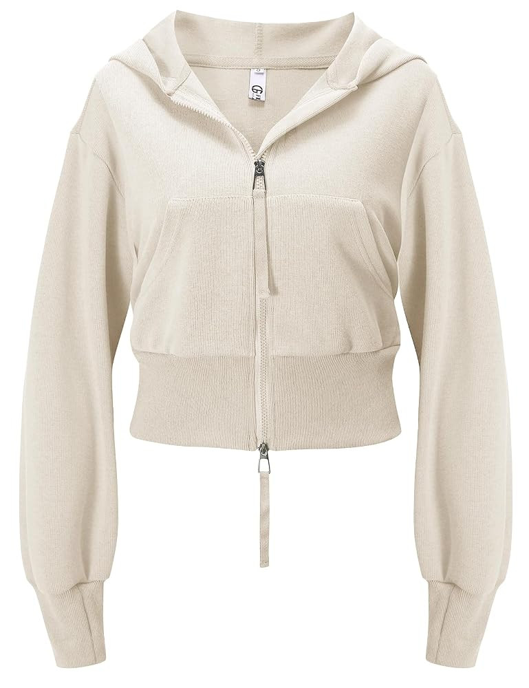 Flygo Women's Cropped Zip Up Hoodie Long Sleeve Drop Shoulder Sweatshirts Casual Ribbed Hem Worko... | Amazon (US)