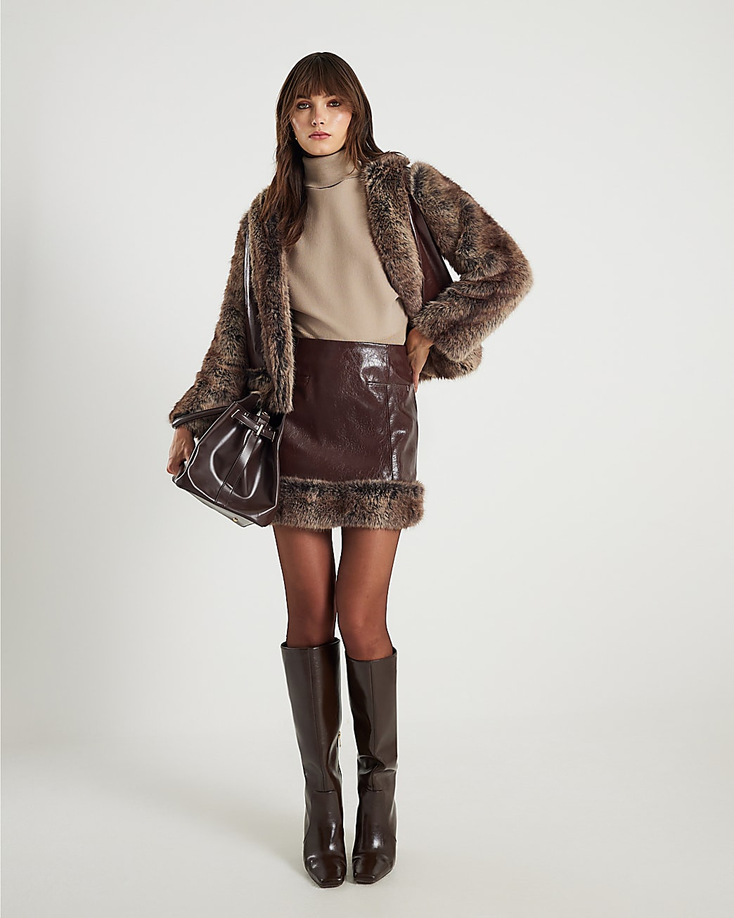 Brown Faux Fur Trim Mini Skirt | River Island UK & IE