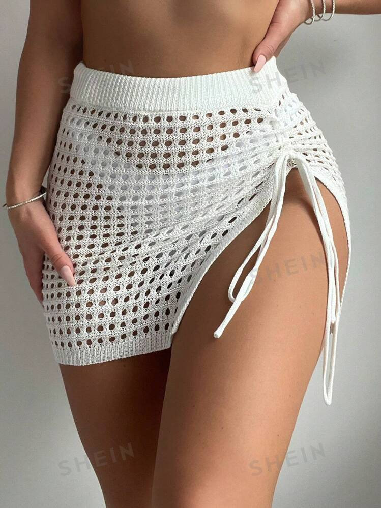 SHEIN Swim Summer Beach Drawstring Tie Front Slit Hem Beach Cover-Up Skirt | SHEIN