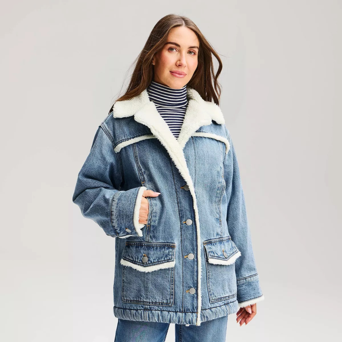 Women's Denim Shearling Ranch Coat - Universal Thread\u2122 Medium Wash S | Target