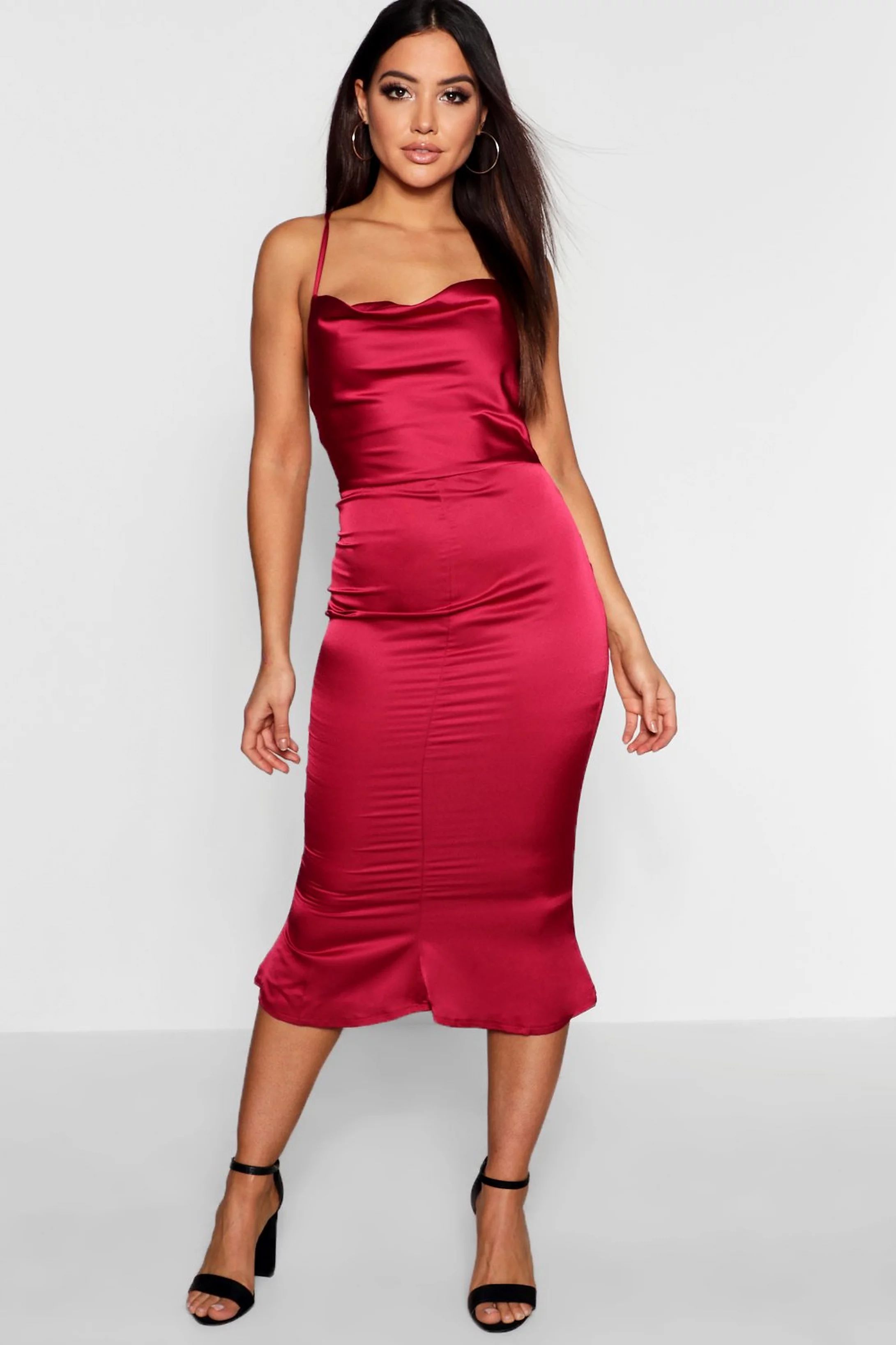 Satin Cowl Neck Lace Up Fish Tail Midi Dress | Boohoo.com (US & CA)