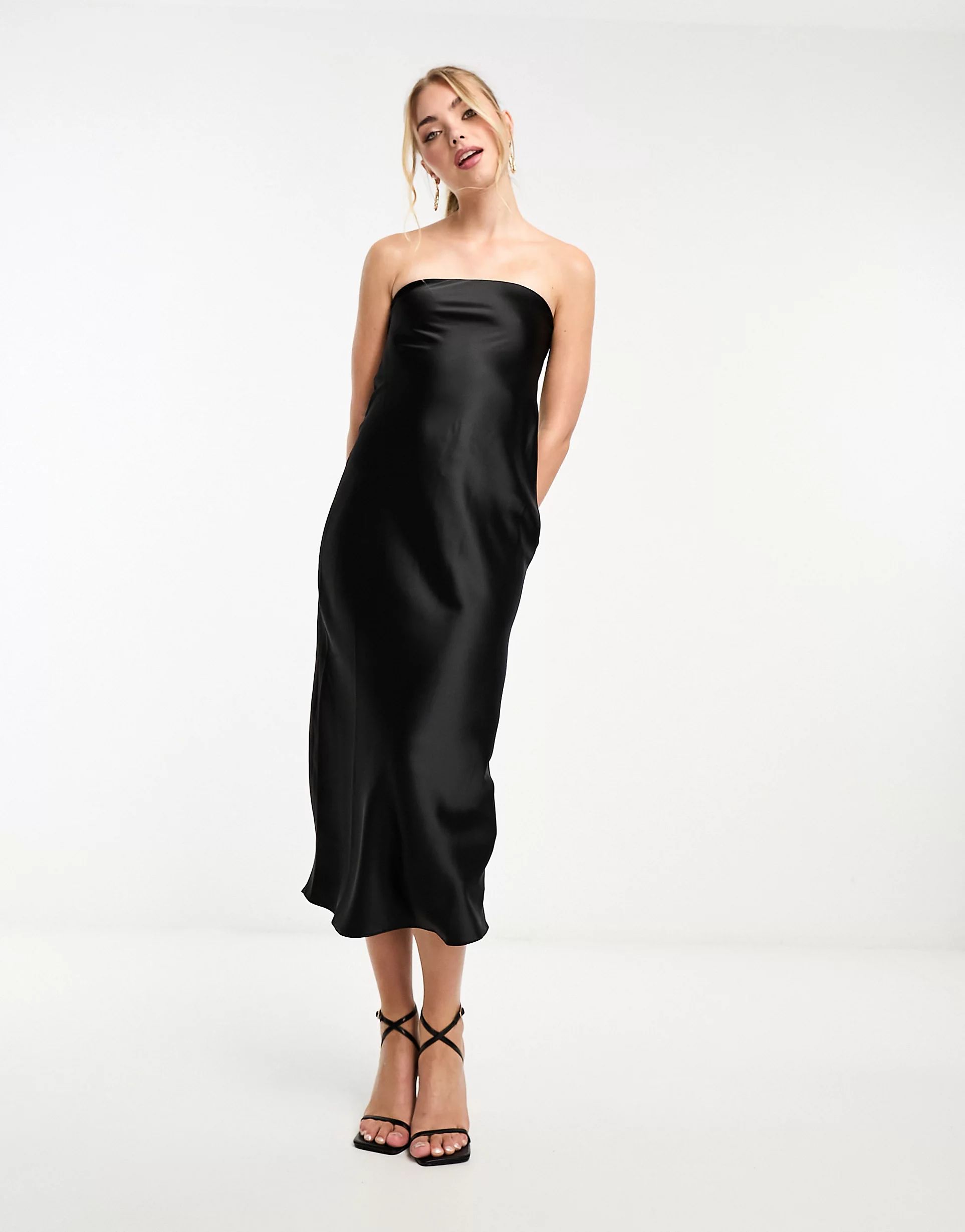 Miss Selfridge satin bandeau maxi slip dress in black | ASOS (Global)