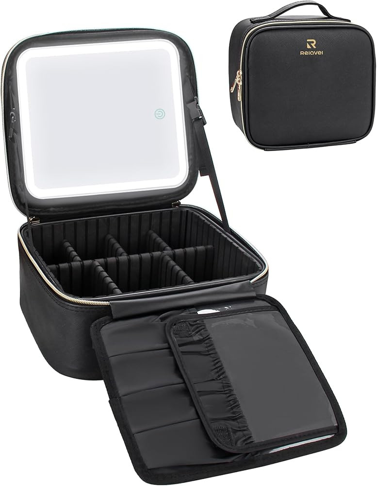 Relavel Makeup Bag with Light Up Mirror, Makeup Case Travel Cosmetic Bags Brush Organizer Storage... | Amazon (US)
