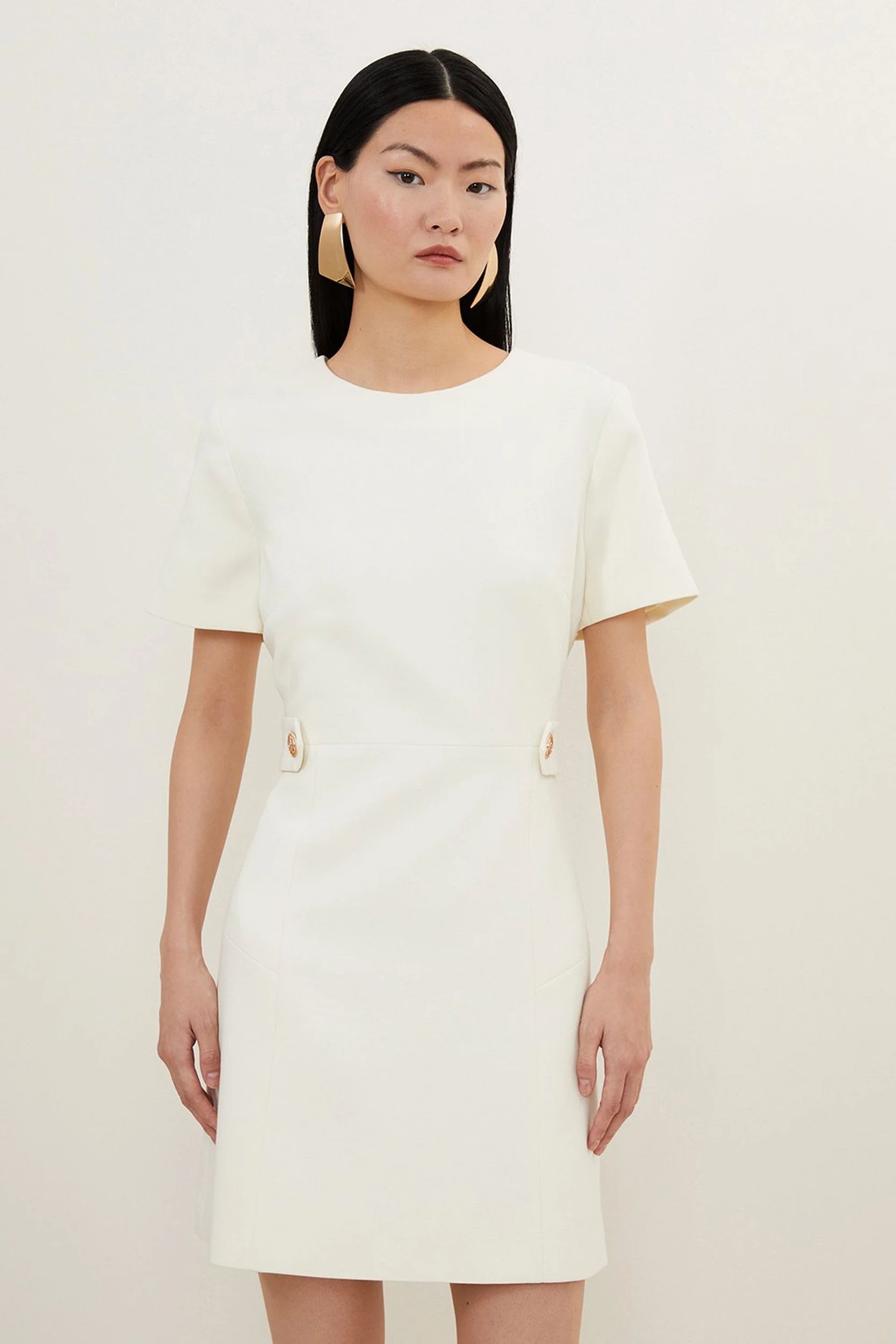Compact Stretch Essential Waist Tab Detail Tailored Mini Dress | Karen Millen UK + IE + DE + NL