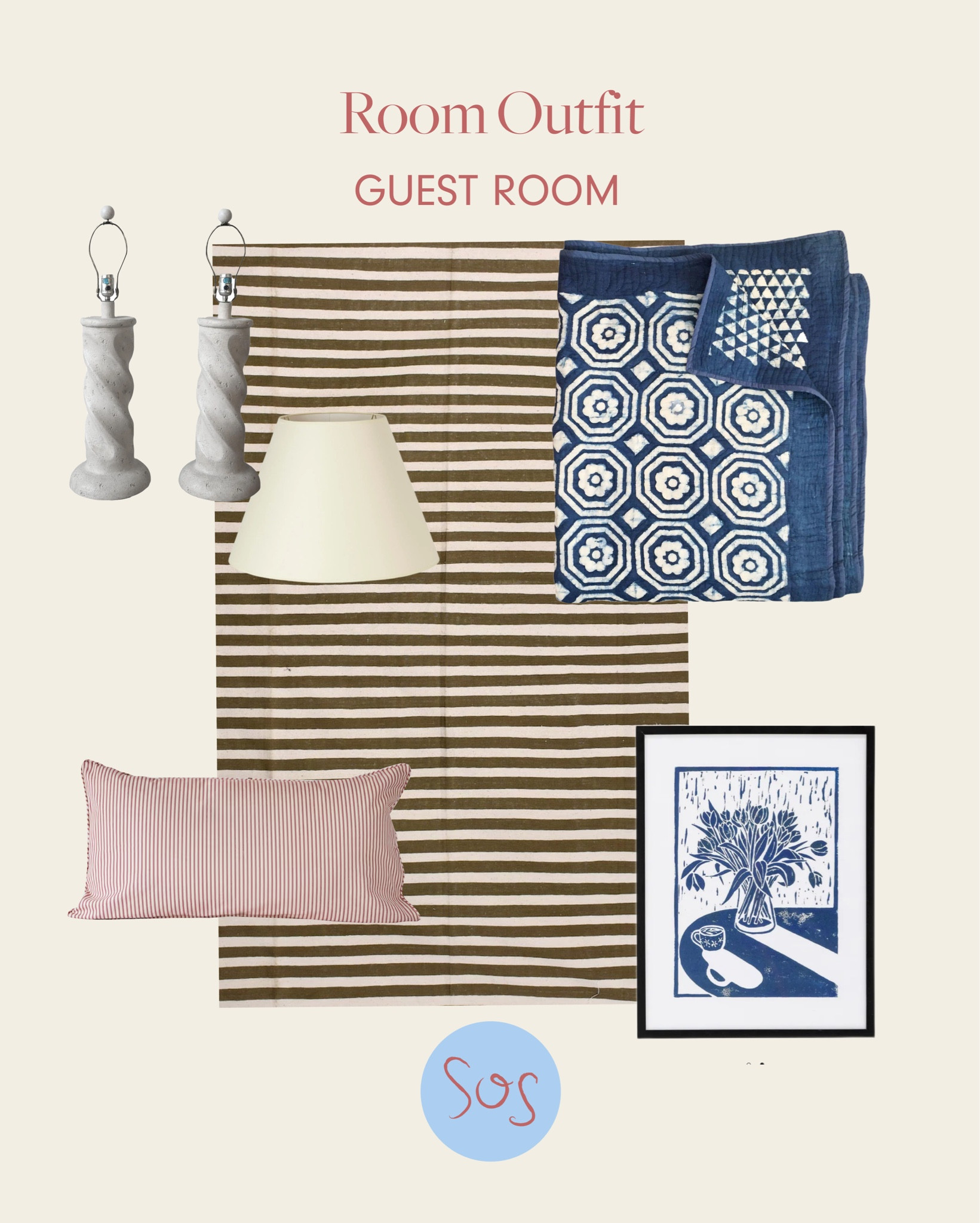 A room outfit to style a cozy guest bedroom. A play on pattern adds visual interest but keeping it within a limited palette keeps it calm. 

#LTKHome