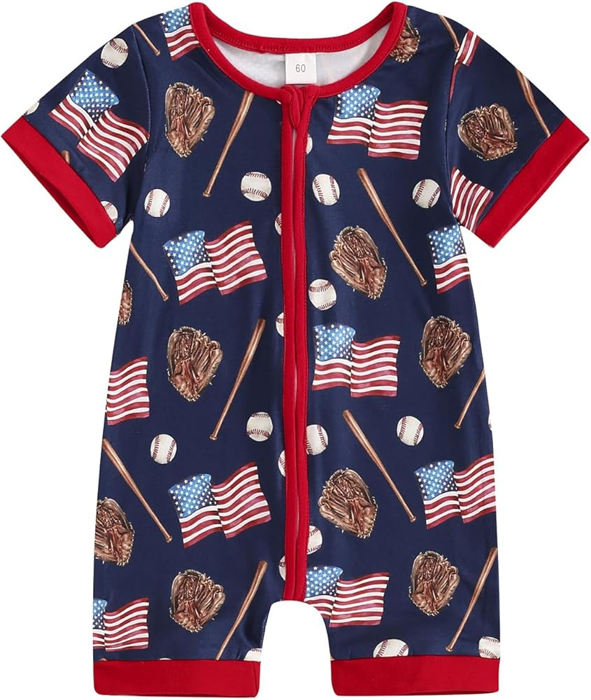 Baby Boy Girl 4th of July Jumpsuit Short Sleeve Flag Baseball Print Zippe Romper Newborn Summer B... | Amazon (US)