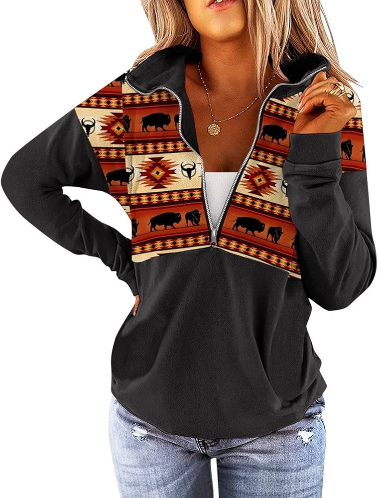 LEMAFER Women's 2024 Casual Aztec Cow Print Zipper Collar Pullover Sweatshirt Western Cowgirl Eth... | Amazon (US)