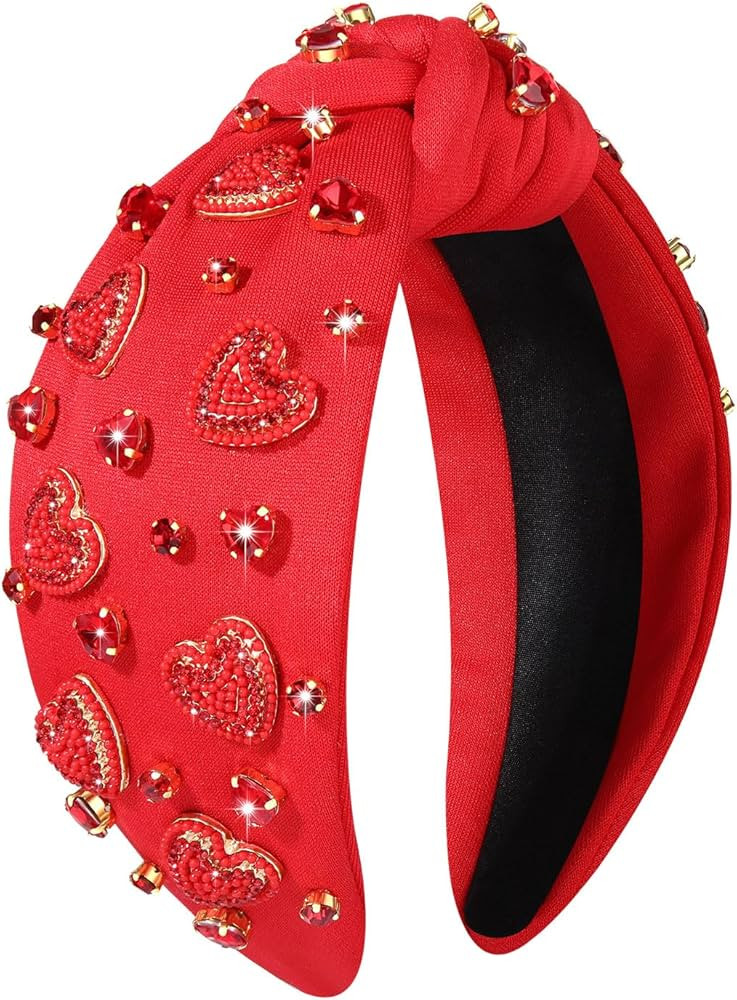 CEALXHENY Valentine's Day Headband for Women - Red Pink Rhinestone Heart Headbands, Knotted Headb... | Amazon (US)
