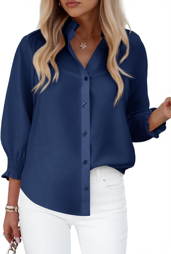 Cicy Bell Womens Button Down Shirts 3/4 Smocked Sleeve Blouse Dressy Casual Ruffle Neck Shirred T... | Amazon (US)