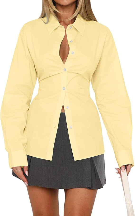Women Long Sleeve Button Down Shirt Tie Back Cinched Waist Lapel Collar Corset Blouse Work Casual... | Amazon (US)