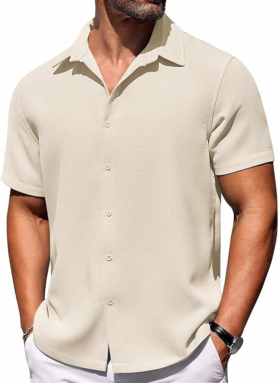 COOFANDY Mens Short Sleeve Button Down Shirts Waffle Shirt Casual Beach Summer Shirts Wrinkle Fre... | Amazon (US)