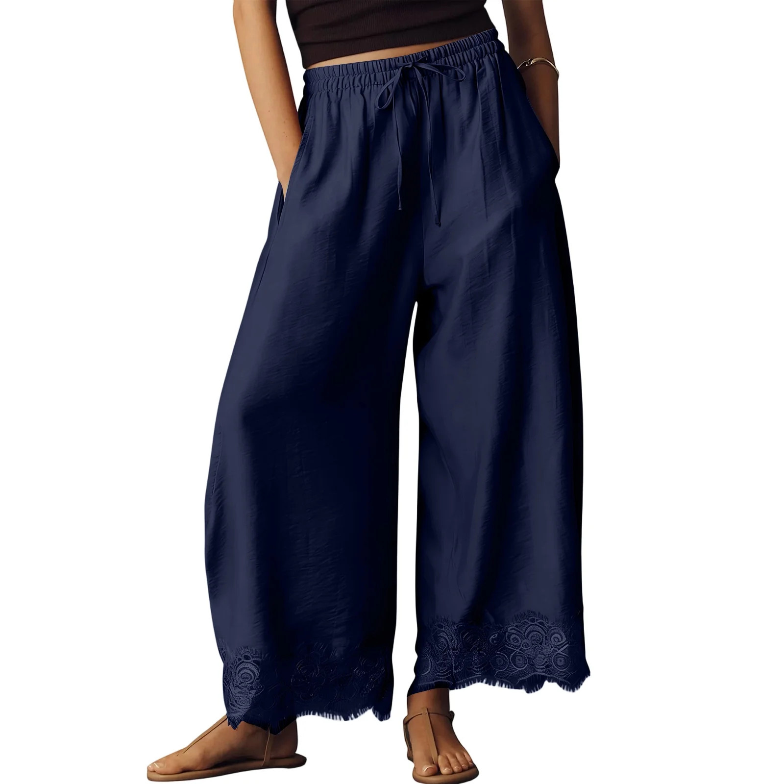 Women's lace Cropped Lace Hem Balloon Pants Premium Breathable Flowy Fabric Trim Balloon Drawstri... | Walmart (US)