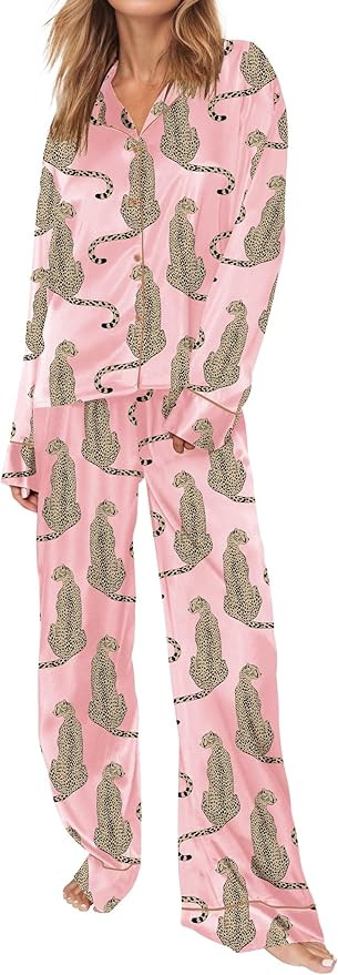 SHESHOW Women Silk Pjs Sets Button Down Long Sleeve Sleepwear Cheetah Satin Pajamas for Women Set... | Amazon (US)