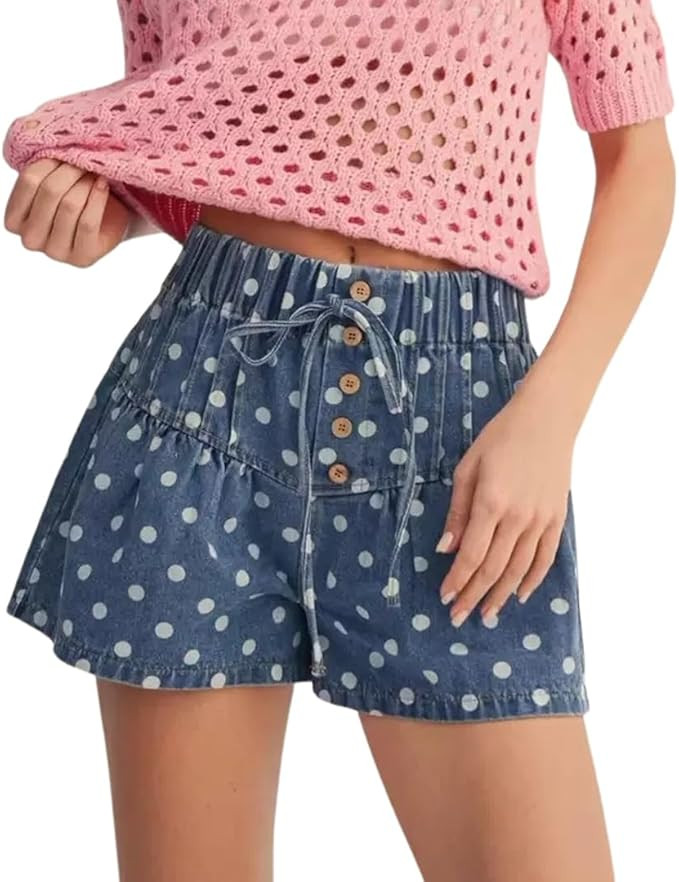 chouyatou Women Summer Polka Dot Jean Shorts High Waisted Cute Floral Elastic Waist Wide Leg Deni... | Amazon (US)