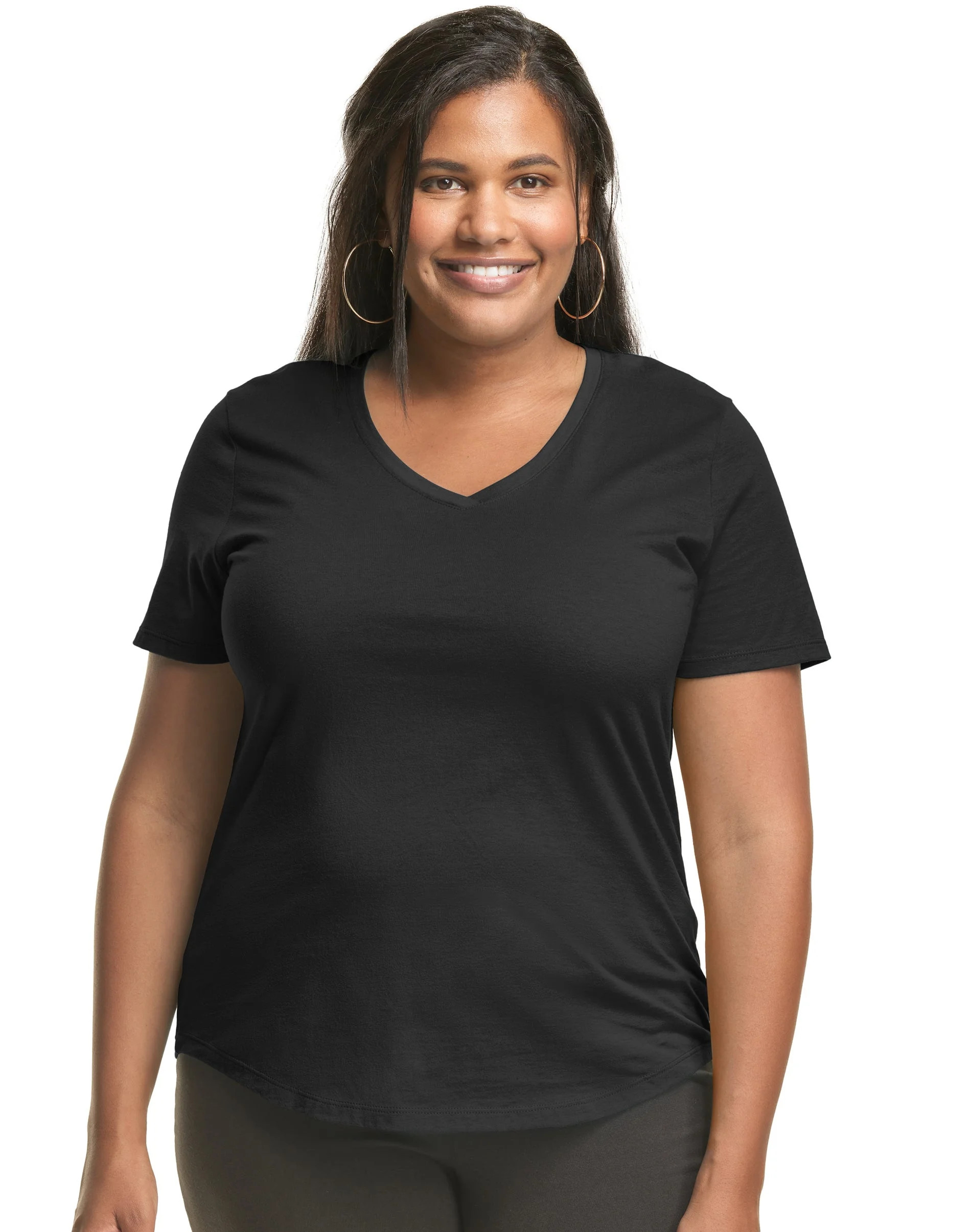 Hanes Just My Size Cotton Jersey Short Sleeve V-Neck T-Shirt (Plus ) Black 1X Women's - Walmart.c... | Walmart (US)