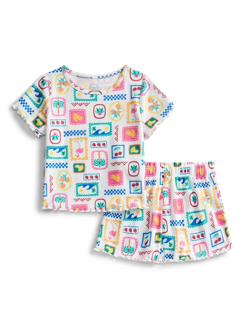 Wonder Nation Toddler Girl's Ribbed Print Tee and Shorts, 2-Piece Pajama Set, Sizes 12M-5T | Walmart (US)