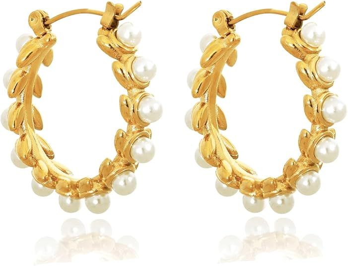 NIVANA 14k Gold Plated 925 Sterling Silver Pearl Hoop Earrings For Women, Pearl Huggie Earrings, ... | Amazon (US)