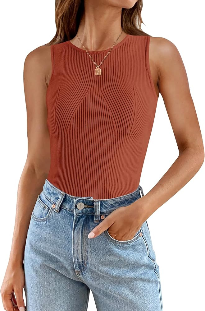 ZESICA Womens Ribbed Tank Tops 2024 Summer Sleeveless High Neck Casual Slim Fitted Basic Knit Shi... | Amazon (US)