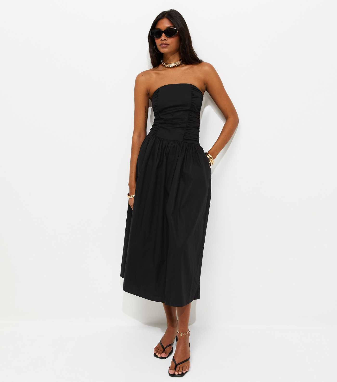 Black Cotton Ruched Bandeau Midi Dress | New Look | New Look (UK)