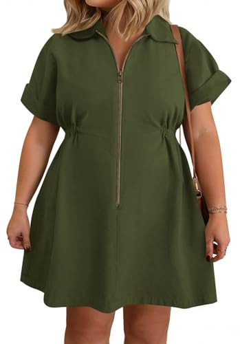 Beautife Women's Plus Size Shirt Dress Short Sleeve Zip Up Lapel Summer Casual Mini Dresses with Pockets Army Green | Amazon (US)