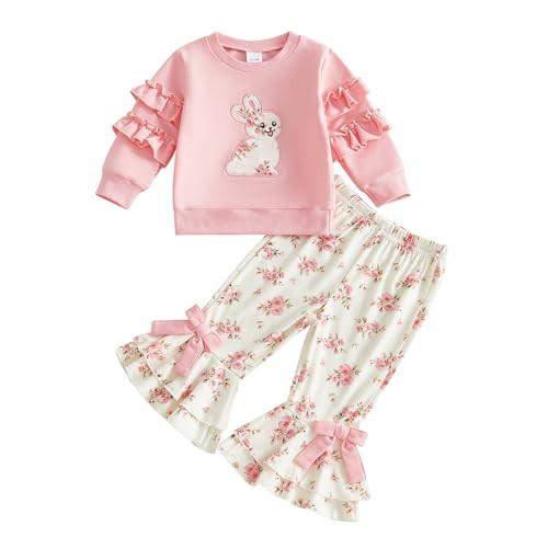 Yuufuniy Toddler Baby Girl Easter Outfit Bunny Print Pullover Sweatshirt Plaid Bow Bell Bottom Pants 2Pcs Spring Clothes Set (Pink, 4-5T) | Amazon (US)